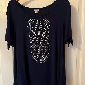 Navy top with silver embellishment and cut out tied sleeves